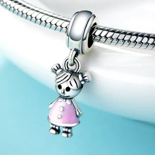 Strollgirl 100% 925 Sterling Silver Couple Little Girl Pendant Charm fit Girls Charm Bracelet & Necklaces DIY Fashion Jewelry bamoer valentine day gift 925 sterling silver cheers for love couple beer pendant charm fit charm bracelet diy jewelry scc478