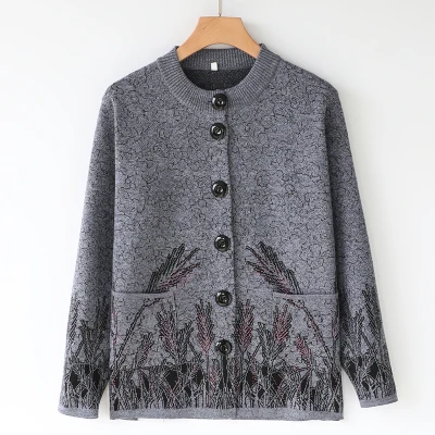 Женские вязаные кардиганы для среднего возраста, весенний, осенний, зимний теплый свитер, куртка большого размера с круглым вырезом, пальто-кардиган, повседневные топы 4XL - Цвет: gray