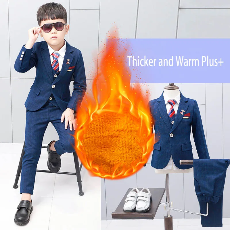 

New Winter thicker Plus kids suits blazers for baby boy plaid blazer snowsuit Children party suit costume garcon warm outfits