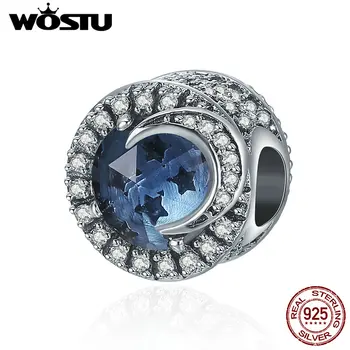 

WOSTU 925 Sterling Silver Sparking Sky Star & Moon Big Stone Clear CZ Beads fit Charm Bracelet Necklaces DIY jewelry DXC383
