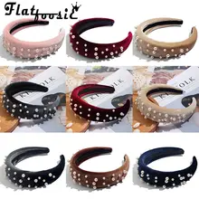 Flatfoosie ручной работы толстые бархатные повязки для женщин аксессуары, лента для волос 4 см широкий Имитация Жемчужный головной убор мягкие повязки для волос