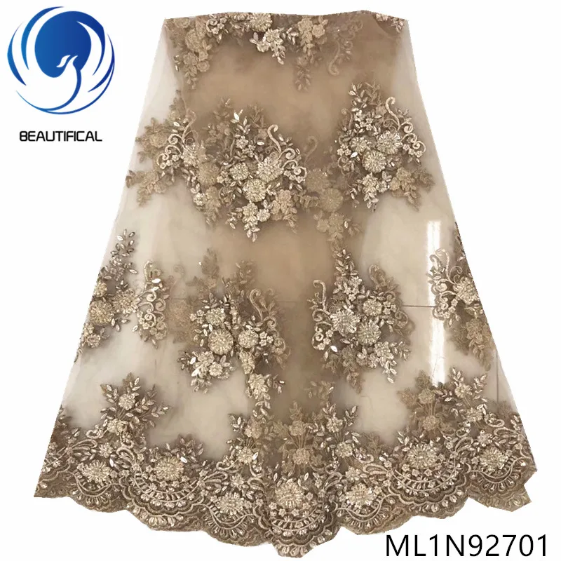 

Beautifical nigerian lace fabrics 2019 New arrival embroidery net lace fabric with sequins 5yards lace beaded fabric ML1N927