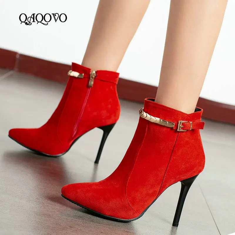 

Spring Autumn Ankle Boots Women Flock Thin High Heels Booties Fsahion Pointed Toe Zipper Boots Ladies Shoes Red Black