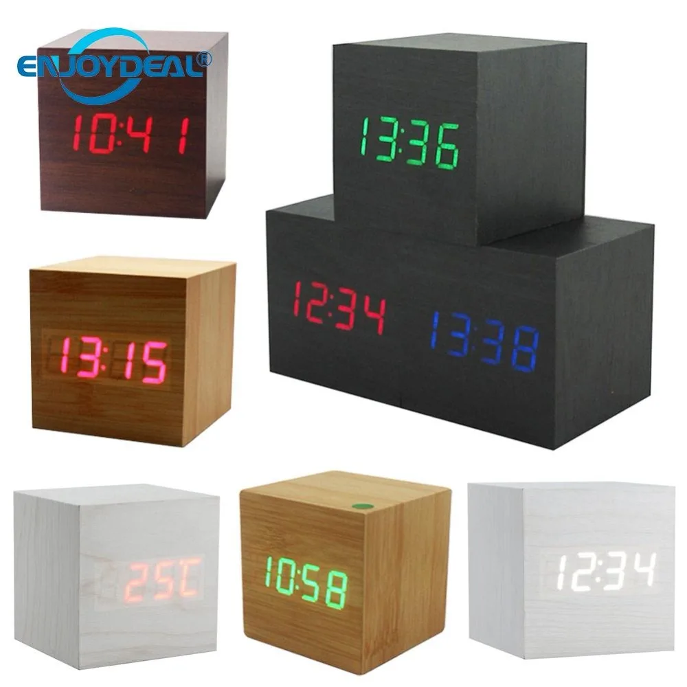 

USB/AAA Powered Cube LED Digital Alarm Wood Clock Square Modern Sound Control Wood Clock Display Temperature Night Light Lamp