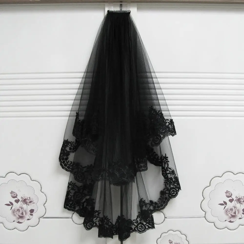 

2019 Black Gothic Wedding Veil Two Layer Lace Edge Short Tulle Bridal Veils With Comb Hair Wedding Accessories