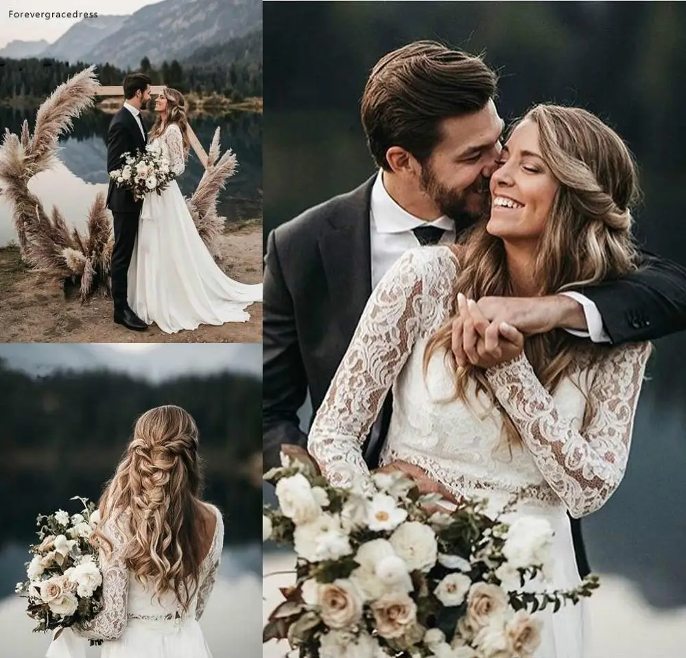 Long Sleeves Lace Boho Wedding Dresses 2019 Vintage Bohemian Beach