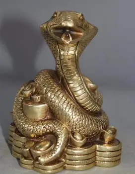 

Copper Statue 4.3" Chinese brass Yuanbao Coins Wealth Zodiac Year Snake Snakes sculpture