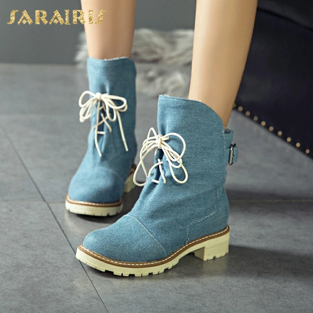 

SARAIRIS Brand New Plus Size 34-43 Buckle Strap leisure Spring Autumn Boots Woman Shoes denim Ankle Boots Female Shoes Woman