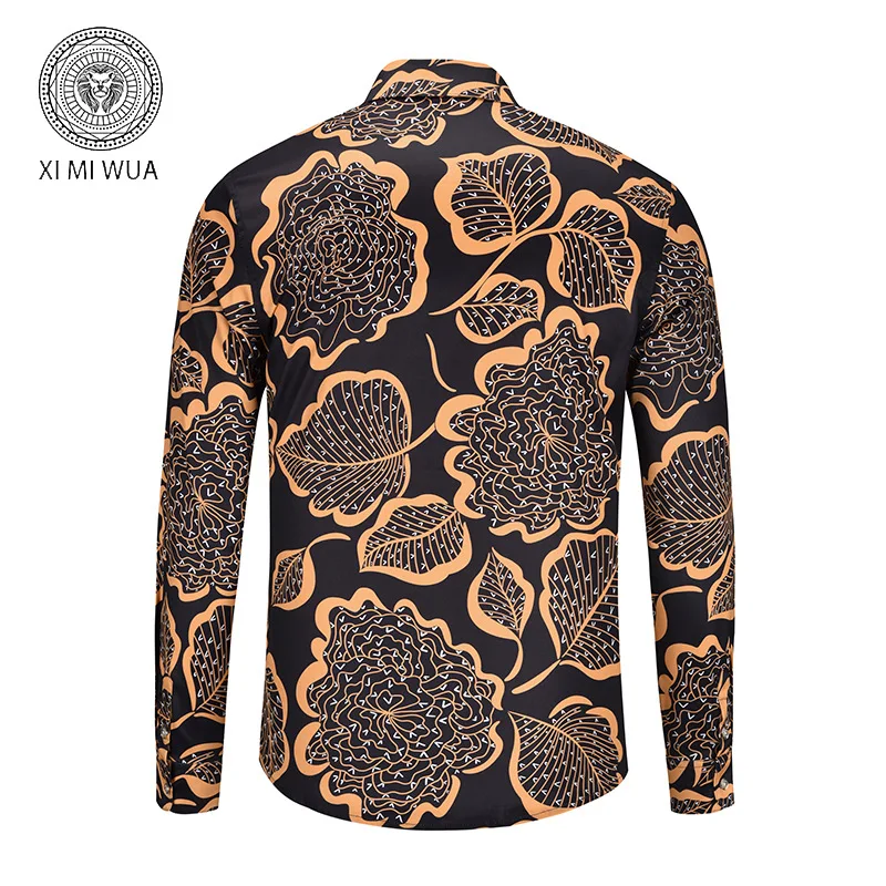 XIMIWUA New Arrival Men Shirts Golden Leaf Print Covered Button Casual Slim Chemise Homme Mens Dress Shirts Camisas Para Hombre