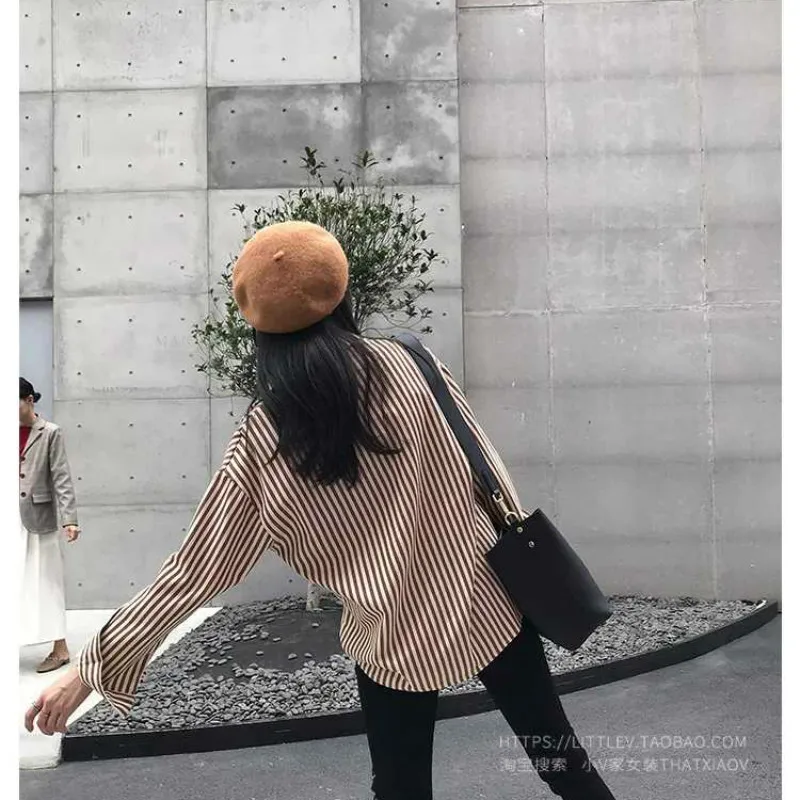 2019 Autumn New Women's Shirt Retro Fashion Loose Classic Striped Boyfriend Style Long Sleeve Female Shirts Casual Blouse 80s90s