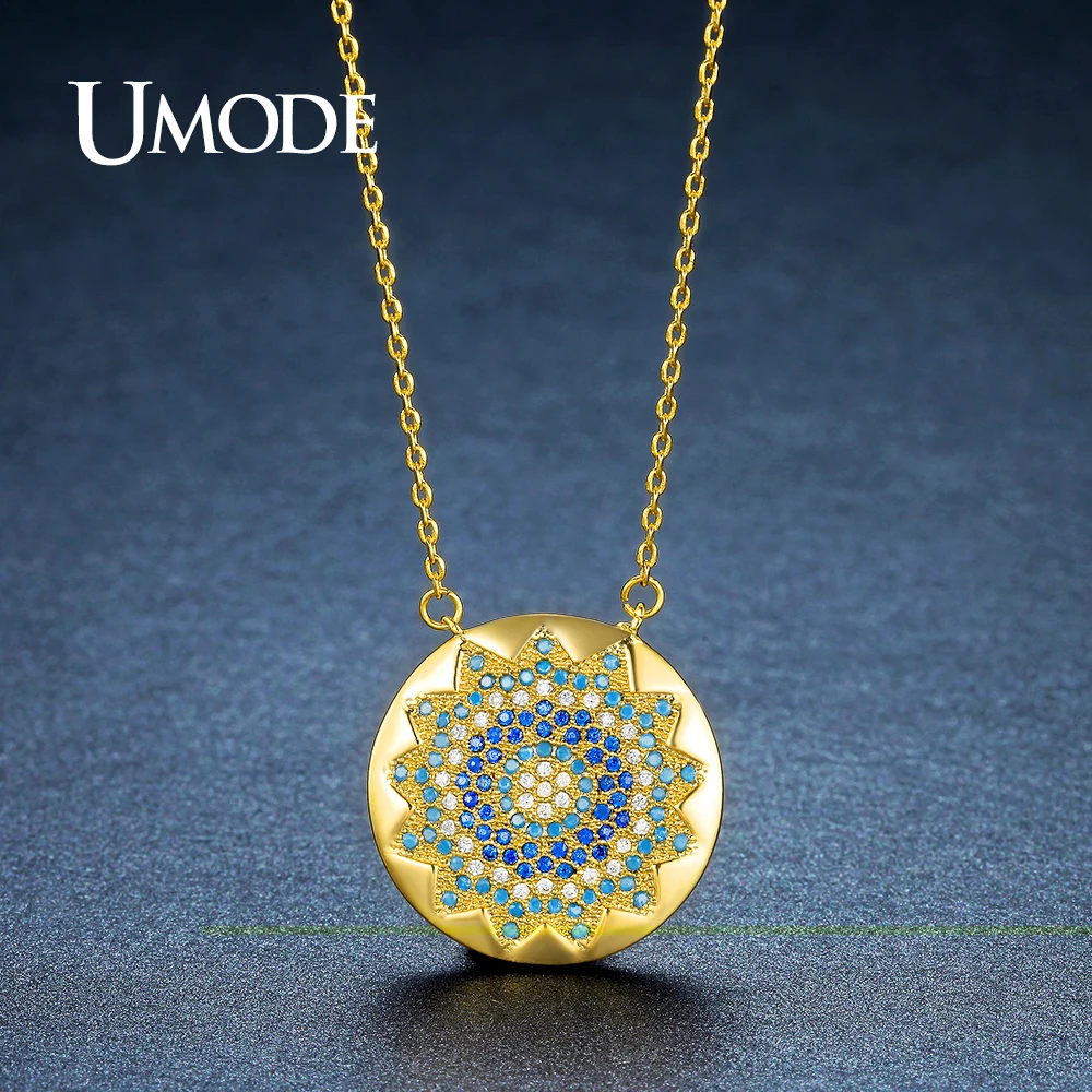 

UMODE New Designs Circle Crystal Sun CZ Stone Pendant Necklaces for Women Gold Color Round Jewelrys Sobretudo Feminino AUN0249A