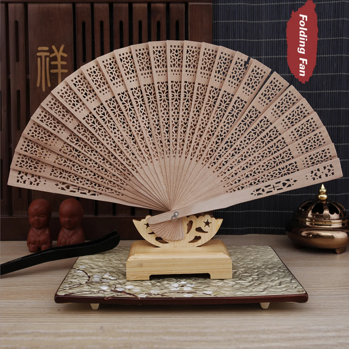 

8 inch Chinese Folding Fragrant Wood Fan Bamboo Wooden Carved Hand Fan fit Wedding Party Summer Home Indoor Decoration