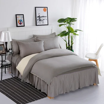 

Pure Cotton 4pcs Bed Sets Bed Duvet Cover Bed Skirt Pillowcase Ruffles AB Side Silver Grey With Creamy Yellow Fruit Green