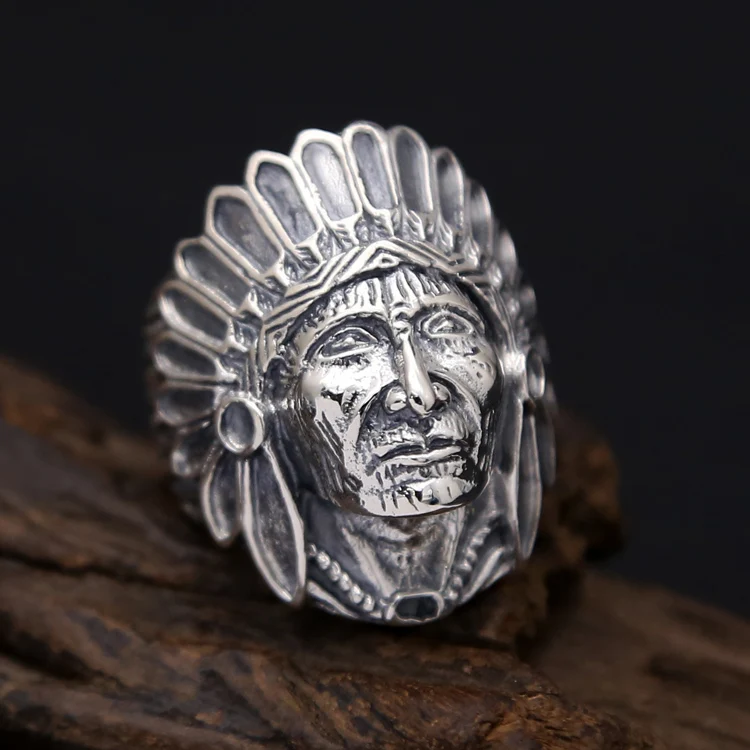 Indian Chief Head Wide Band Ring Men 100 Solid 925 Sterling Silver