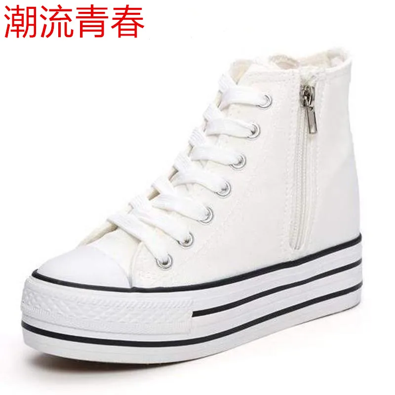 

2019 New Spring/summer Shoes Woman High Platform Canvas Shoes lace up zip Casual Flats white blue Shoes Woman Shoes