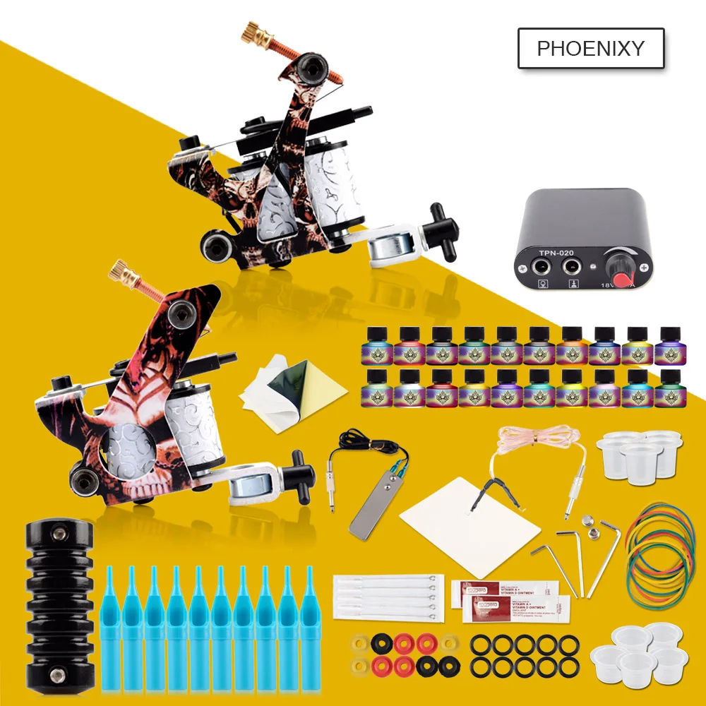 

Complete Tattoo Kit 2 Tattoo Machines Gun Set 20Pcs Ink Pigment Set Power Supply Grips Body Art Tool Permanent Makeup Tattoo Set