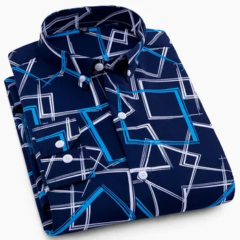 

Spring Printed Shirt Men Brand Casual Dress Male Long Sleeve Geometry Classic Irregular Slim Fit Shirt Polyester Social Shirt xl