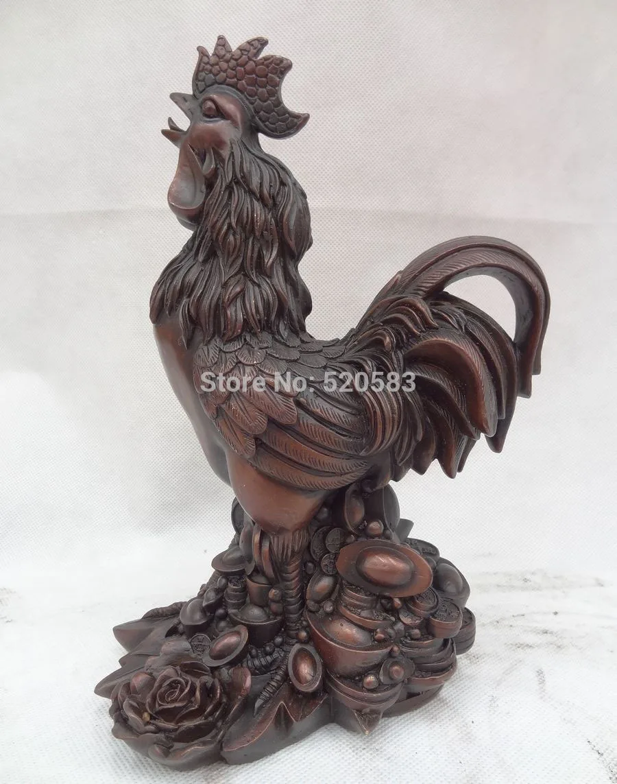 

10" China Pure Bronze Lifelike YuanBao Coin Cock Rooster Statue Animal Sculpture