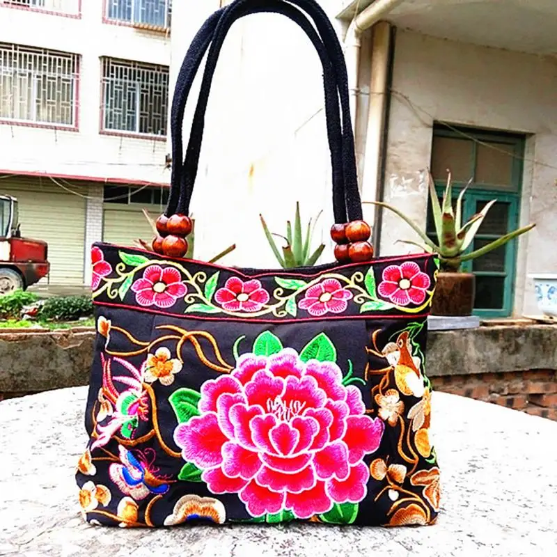 

Women's Handbags Vintage Embroidery Handbag Flower National Ethnic Canvas Totes Wood Beads Double Layered Travel Shoulder Bag
