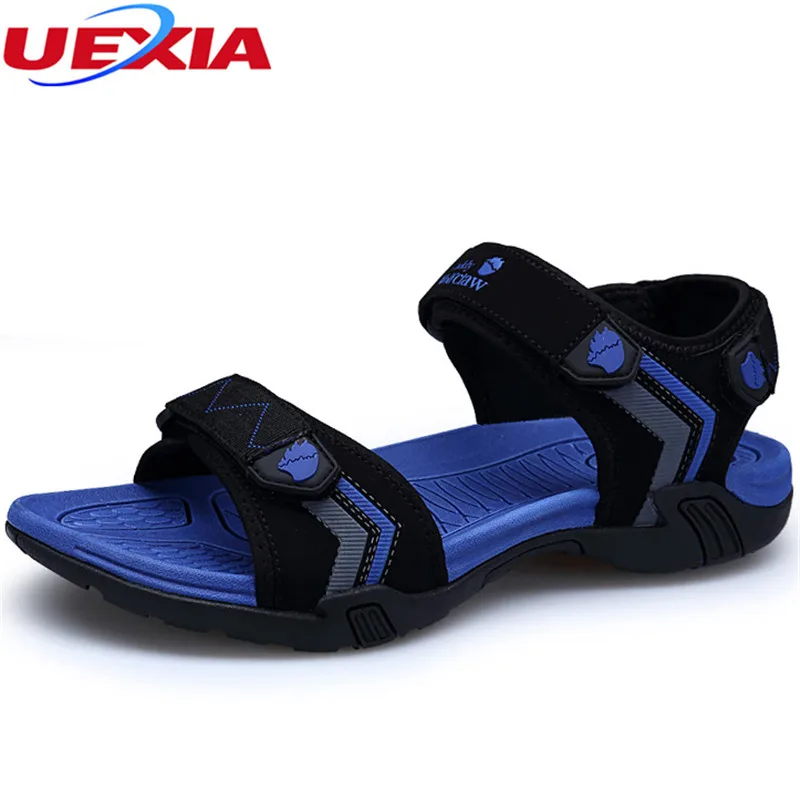 

UEXIA Leather Men Sandals Solid Hook & Loop Handmade Sandals Brand Shoes Zapatos Hombre outdoor casual suede leather Beach lover