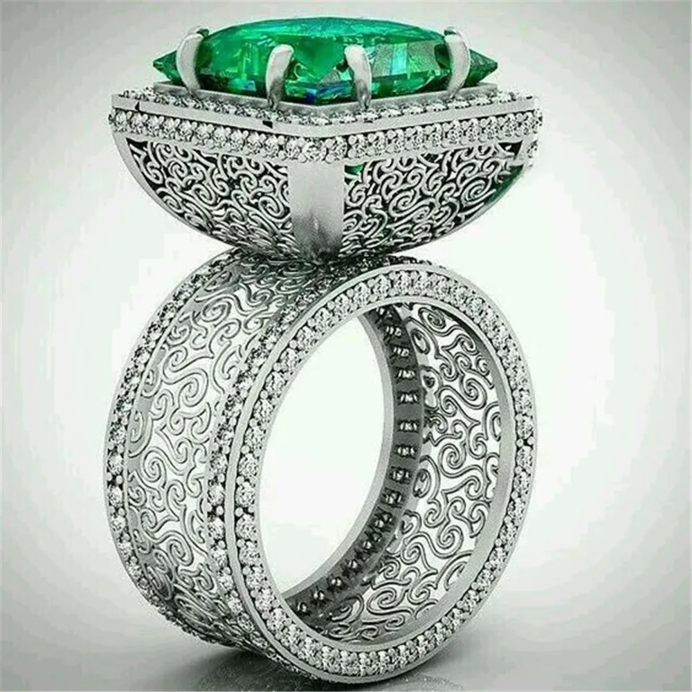 

Large Dark Green Stone Rings for Women Wedding Gift Silver Rings Men Princess Luxury Jewelry Bague Femme Anillos Mujer L5X873