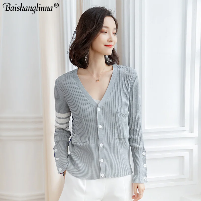Baishanglinna Women Cardigan Elegant Knitted Wear Solid Color V-neck Cardigan 2019 Spring Autumn Sweater Cardigan For Women Baishanglinna Women Cardigan Elegant Knitted Wear Solid Color V-neck Cardigan 2019 Spring Autumn Sweater Cardigan For Women