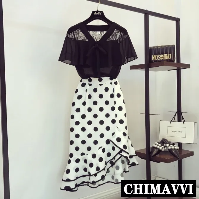 

New Summer Lady's Lace Stitching Bow Tie Black Blouse Shirt + High Waist Polka Dot Chiffon Fish Tail Skirt Two Piece Skirt Set