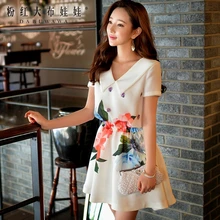 dabuwawa summer dress 2016 ladies short sleeve vintage waist slim casual peter pan collar white floral dress women pink doll