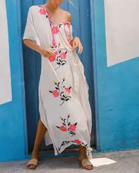 2019 Лето Плюс Размер Кафтан хлопок пляжное платье-туника прикрывает женское летнее, длинное, макси Халат Свободный Повседневный Сарафан