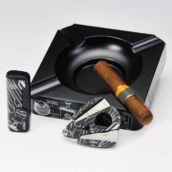 

Jifeng Fashion Alloy Metal Cigar Sharp Cutter Cigar Cigarette Lighter Windproof and Ashtray Gift Set Fit COHIBA Cigars