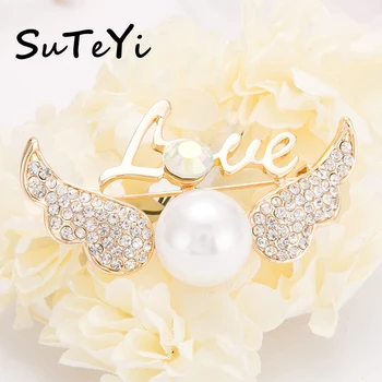 

SUTEYI 2017 Hot Selling 'Love' Brooch Zirconia Crystal Angel wing Brooches Scarf Clips Buckle Shirt Corsage broche lovely Gift