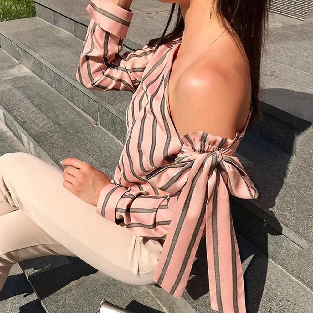 Summer Women Striped Loose Blouse Fashion Lady Off Shoulder Lace Up Shirts Female Elegant Tops