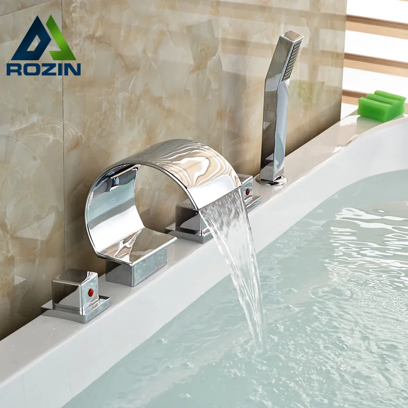Polished Chrome Bath Tub Faucet Bathtub Mixer 5pcs Widespread  Waterfall Faucet Bath Shower Mixer Tap