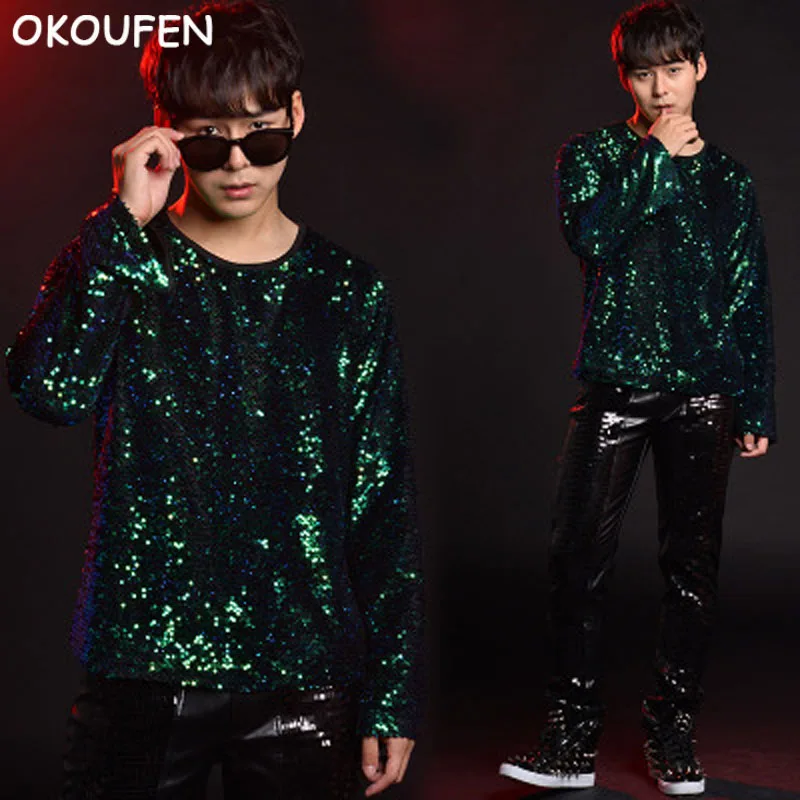 Men's Long Sleeve Sequin T-Shirt Costumes Nightclub Bar Male Singer DJ Stage show Performance Dance clothes