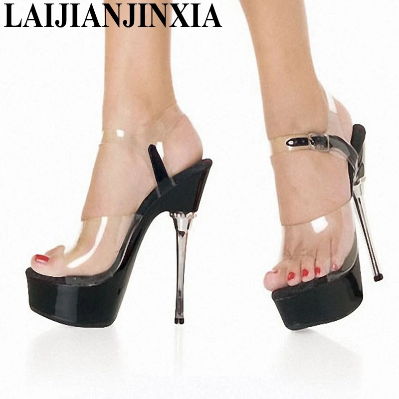 LAIJIANJINXIA 5 Inch Black Crystal Sandals Fashion 14cm High-Heeled Shoes Princess Plus Size Sexy Shoes Club Heels For Women