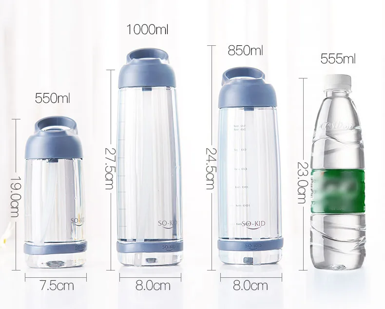 550ml/850ml/1000ml Water Bottle with Straw Portable Sports Shaker