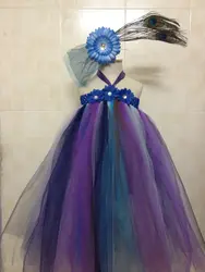 Горячие Обувь для девочек Павлин Перо платье-пачка ручной работы крючком пачки бальное платье с цветы повязка Дети вечернее платье, одежда