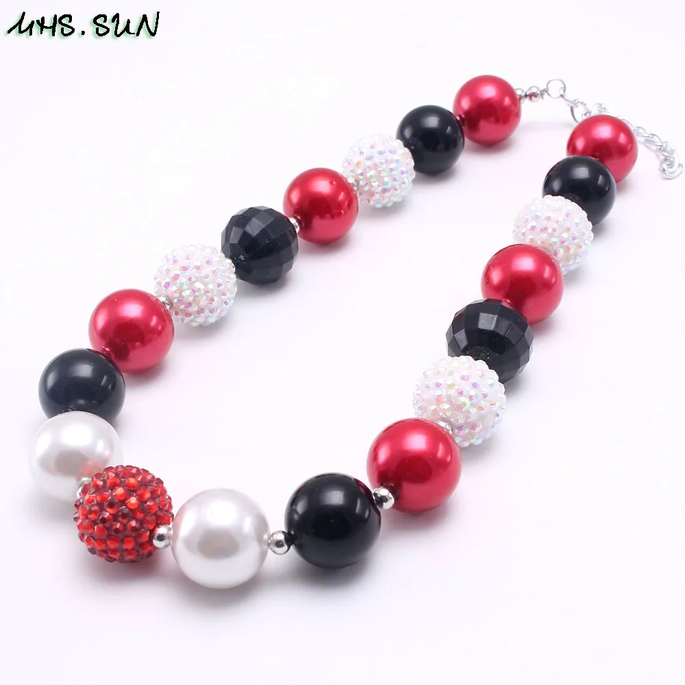 BN585-1 (2),$5.85-1PC.Chunky Black+White+Red Strand Beads Necklace Kids Baby Girls Bubblegum Beaded Jewelry Necklace For Children Best GiftJPG