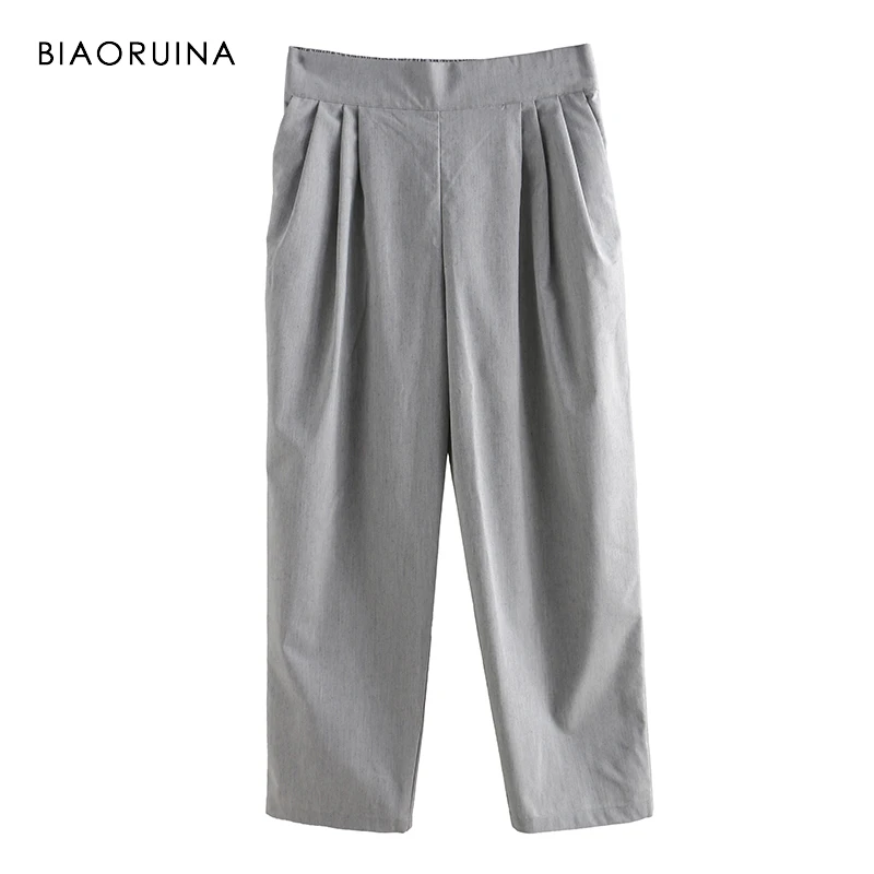 

BIAORUINA Women Casual Wide Leg Pant Ankle Length Female Cotton Linen All-match Pant Girls Elasic High Waist Fashion Trousers