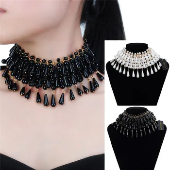 

New Women Strand White Pearl Black Chain Choker Statement Necklace Drop Pendant