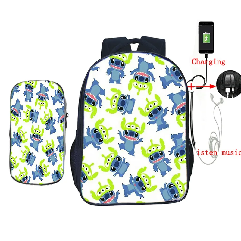 Рюкзак с зарядкой через usb для мальчиков и девочек, рюкзак с принтом стежка, школьные сумки с пеналом, 2 шт./компл., повседневный рюкзак для путешествий - Цвет: 10