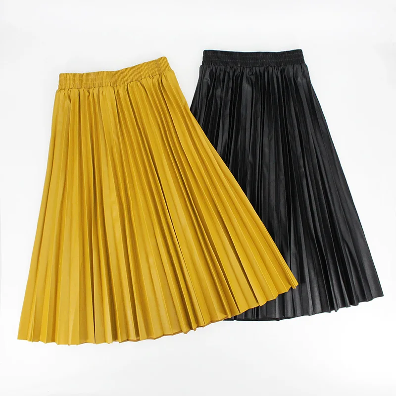 Autumn Winter Women Skirts Pleated Leather Skirt High Waist Elastic Waist a Line Knee Length Women's Skirt Faldas Mujer