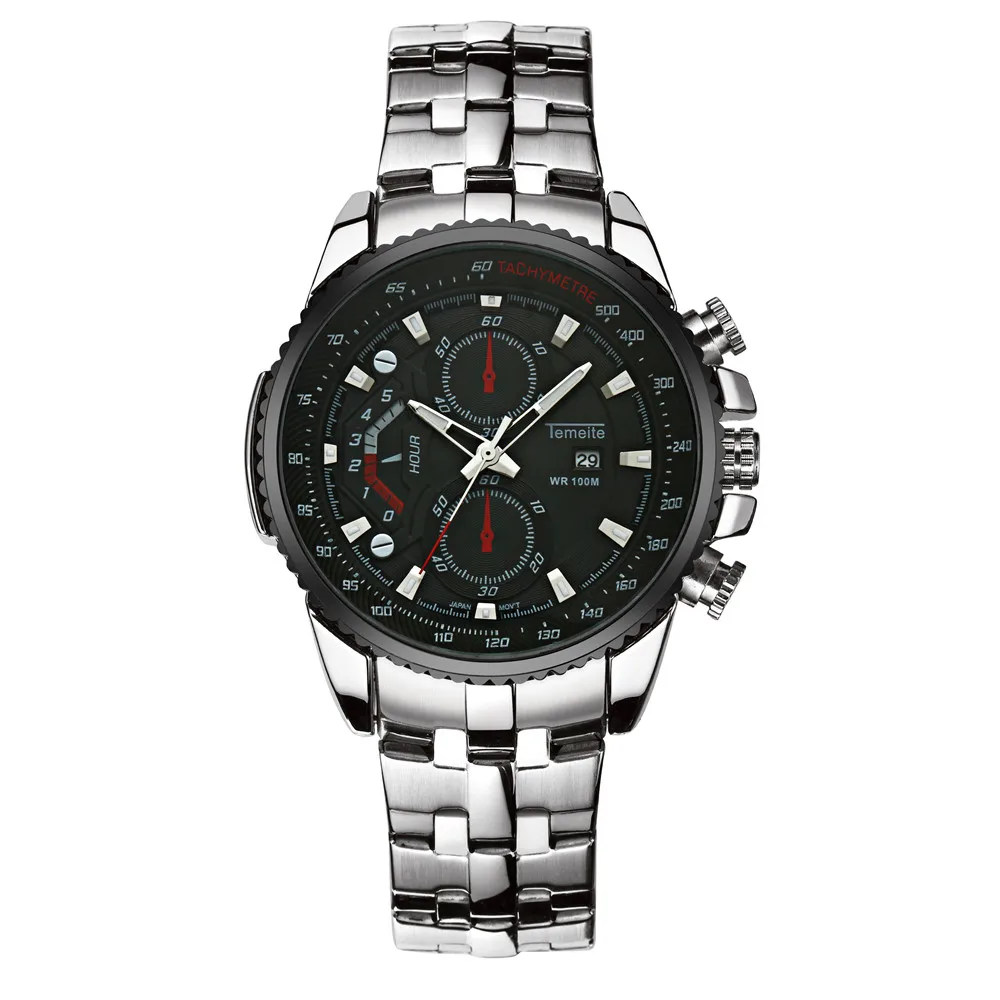 TEMEITE военные спортивные негабаритные часы мужские полностью стальные 3 суб-циферблата украшения лучший бренд класса люкс кварцевые часы с календарем водонепроницаемые часы