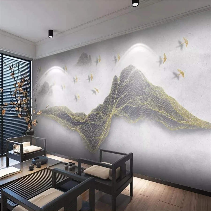 Us 8 85 41 Off Beibehang Custom Wallpaper 3d Photo Mural New Chinese Zen Line Golden Bird Landscape Ink Tv Background 3d Wall Papers Home Decor In