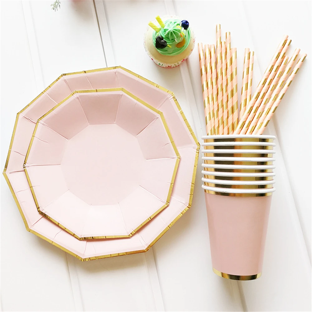8Pcs/Bag Gold Blocking Pink Disposable Tableware Plates Cups Straw For