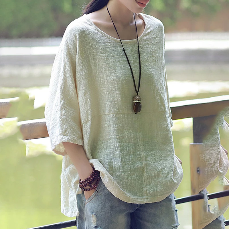 

Cotton Linen Mori Girl Style Women T-shirt Solid 2019 Casual Loose Ladies Round Neck Tops Shirts Slim Solid Tops Plus Size S-5XL