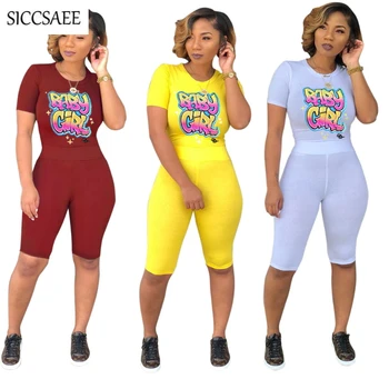 

Ensemble Femme Letter Printed Tee Knee Length Pants Two Piece Set Sexy Casual Playsuits Bodycon Bodysuit Summer 2019 Sweat Suit