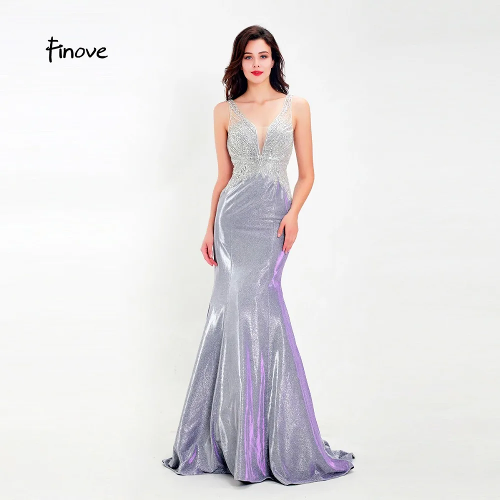 

Finove New Prom Dress Long 2019 Reflective Dress Chic Beading Sexy Backless Mermaid Style Party Dress Vestido de fies Plus Size