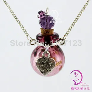 

3pcs Murano purple Glass Perfume Necklace Ball With Alloy Love Heart ,Lampwork glass diffuser necklace pendant,Aroma necklace