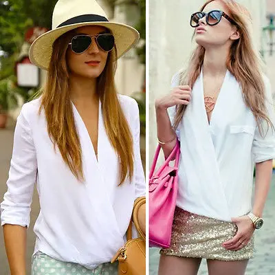 

2016 New Fashion Women Summer Chiffon Shirt Sexy V Neck Casual Tops Blouse Elegant White